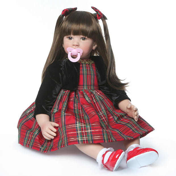 24" Beautiful Simulation Baby Long-Haired Girl Wearing a Christmas Plaid Skirt Doll - Seasonal Spectra