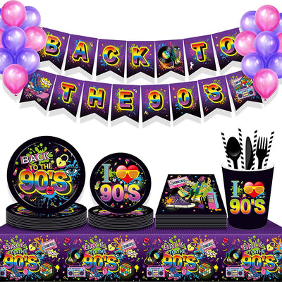90s Birthday Paper Plates Party Skating Post Tape Audio Hip Hop Disposable Tableware Set - Seasonal Spectra