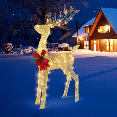 Lighted Christmas Reindeer Outdoor Decorations, Weather Proof 4ft Santa's Sleigh Reindeer Christmas Ornament Indoor Home Décor Pre-lit 180 LED Lights with Stakes, Zip Ties Secured - Seasonal Spectra