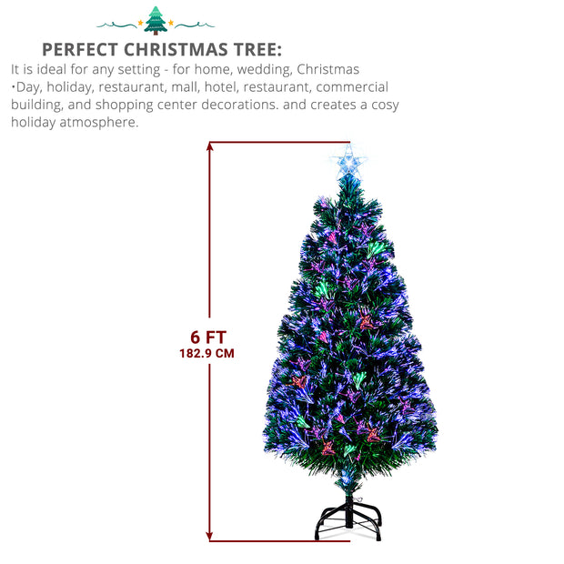 6ft Top With Stars PVC Material Fiber Optics 36 Lights With Snowflakes Colorful Color Change 230 Branches Christmas Tree Green - Seasonal Spectra