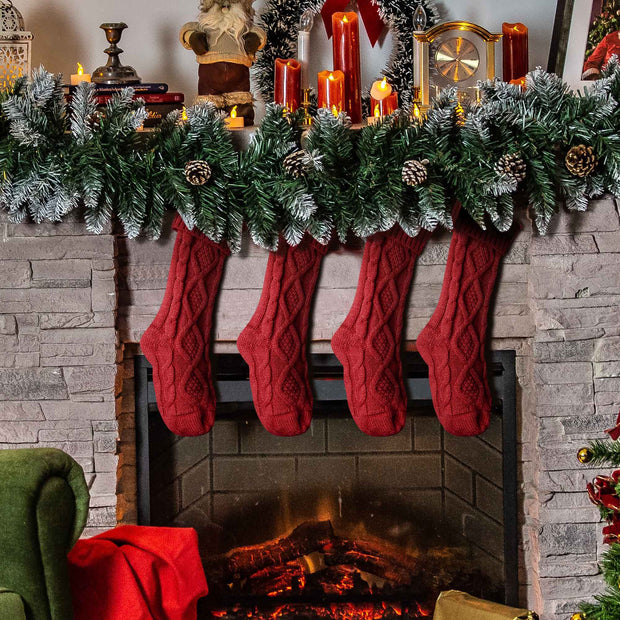 4 Pack Personalized Christmas Stockings 18 Inches Large Size Cable Knitted Stocking Gifts & Decorations for Family Holiday Xmas Party, Burgundy, on fireplace mantel, stairs, Christmas tree, windows - Seasonal Spectra