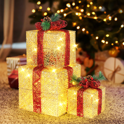 3pcs 10 inch-8 inch-6 inch Golden Christmas Gift Box Garden Decoration 5M Long Power Cord US Plug - Seasonal Spectra