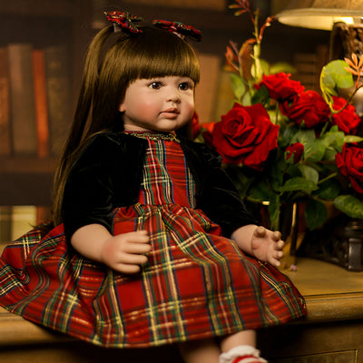 24" Beautiful Simulation Baby Long-Haired Girl Wearing a Christmas Plaid Skirt Doll - Seasonal Spectra