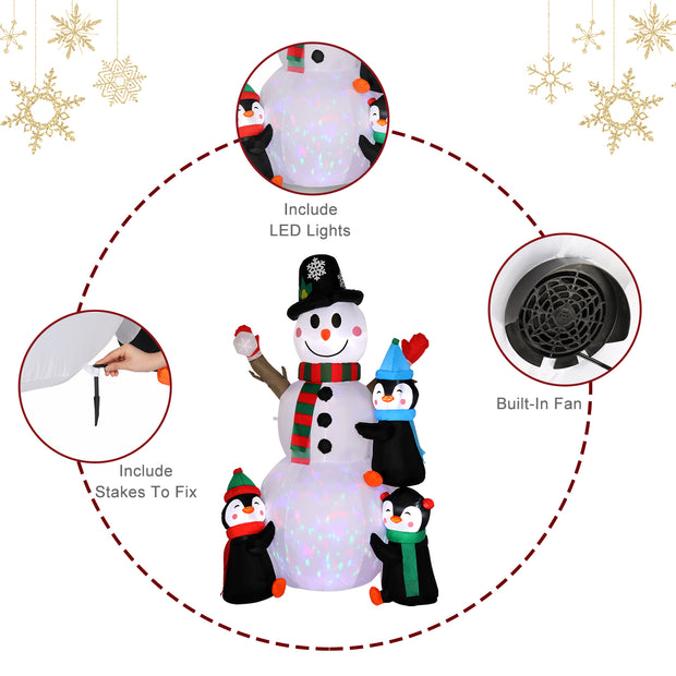 6 Ft. Christmas Snowman Inflatables Outdoor Decoration with 3 Penguins, 4 Light Strings and 1 Colorful Rotating Light - Seasonal Spectra