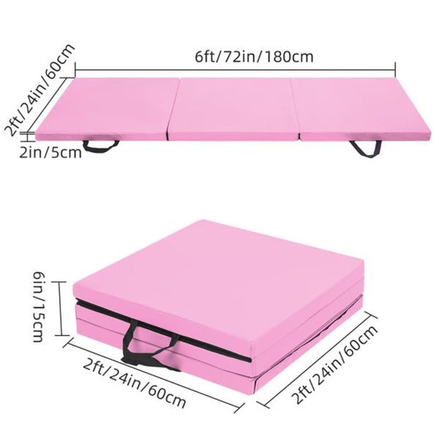 Tri-fold Gymnastics Yoga Mat with Hand Buckle, 6'x2'x2" Pink