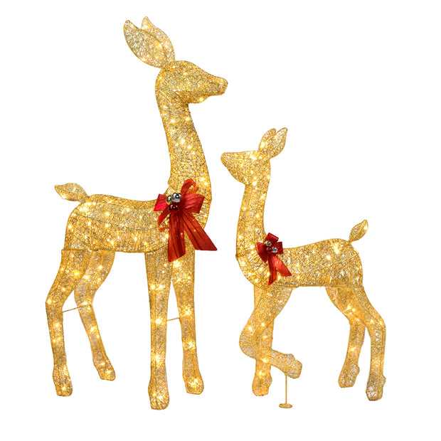 2-Piece Lighted Christmas Deer Family, Outdoor Yard Decoration Set with 210 LEDs Warm White Light, Gold - Seasonal Spectra