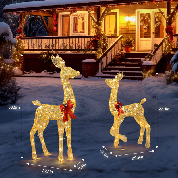 2-Piece Lighted Christmas Deer Family, Outdoor Yard Decoration Set with 210 LEDs Warm White Light, Gold - Seasonal Spectra