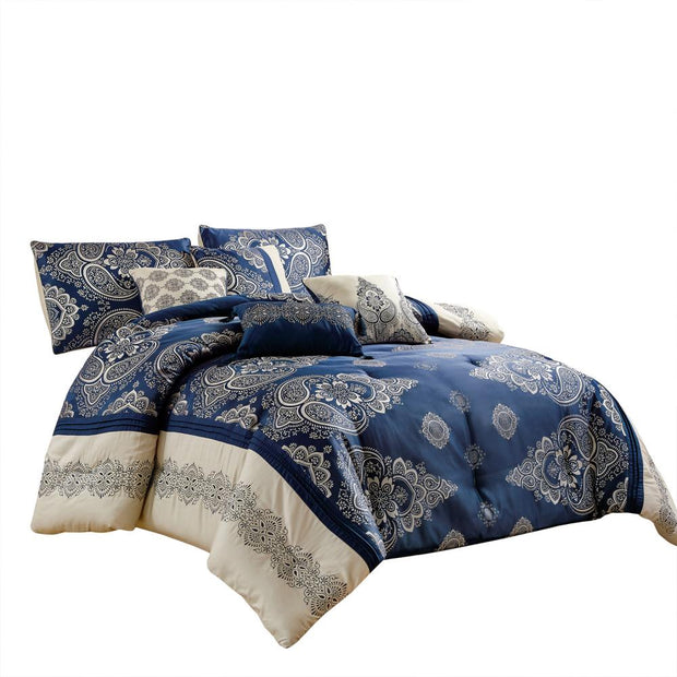 7 Pieces Jacquard Luxury Retro Style Comforter Set King Size, Navy Blue - Seasonal Spectra