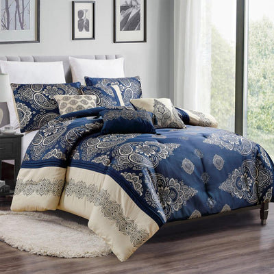 7 Pieces Jacquard Luxury Retro Style Comforter Set Queen Size, Navy Blue - Seasonal Spectra