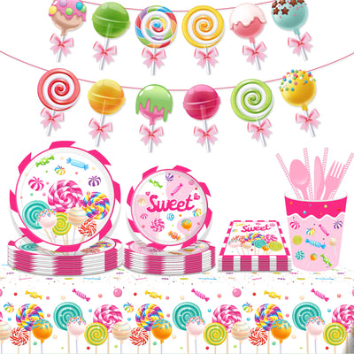 Lollipop Sweet Paper Plates Disposable Colorful Candy Party Supplies Happy Birthday Parties Festival Tableware Kit Serves 8 Guests for Kid Dinner Plates, Napkins, Cups, Knifes, Fork, Spoon 68PCS - Seasonal Spectra