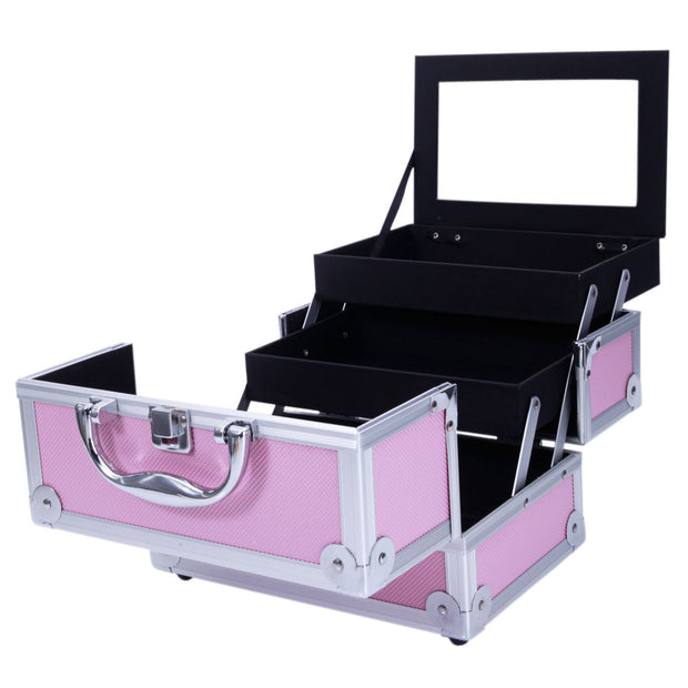 Aluminum Makeup Train Case Jewelry Box Cosmetic Organizer with Mirror, Pink - Seasonal Spectra