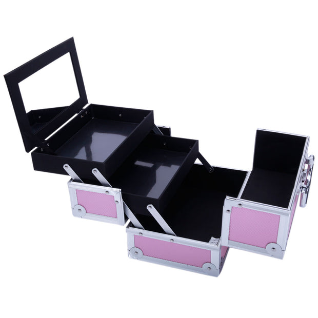 Aluminum Makeup Train Case Jewelry Box Cosmetic Organizer with Mirror, Pink - Seasonal Spectra