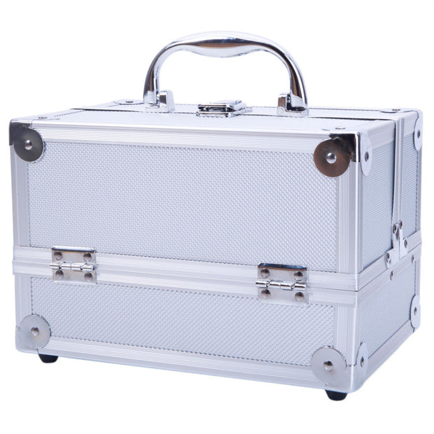 Aluminum Makeup Train Case Jewelry Box Cosmetic Organizer with Mirror, Silver - Seasonal Spectra