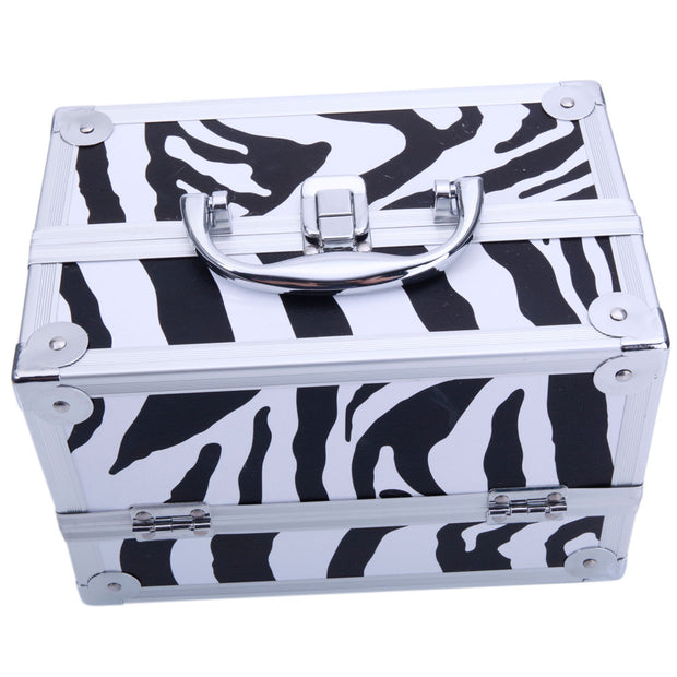 Aluminum Makeup Train Case Jewelry Box Cosmetic Organizer with Mirror, White Zebra