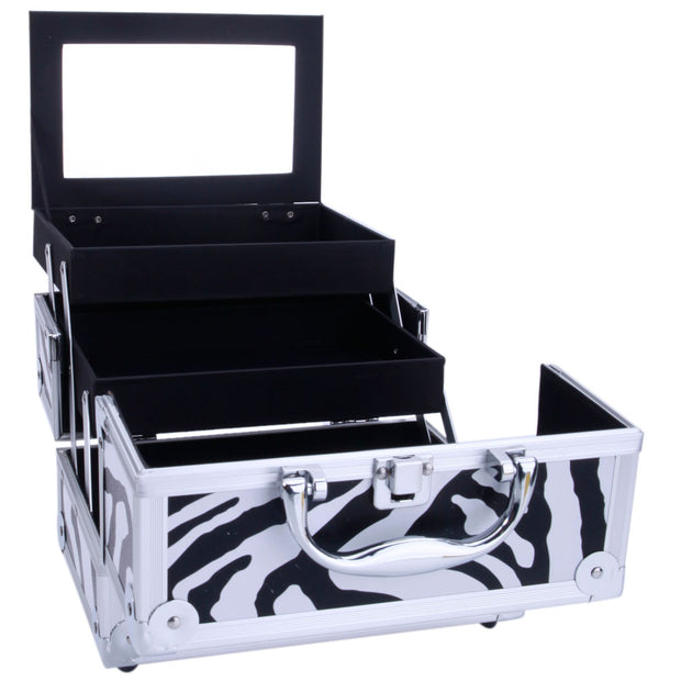 Aluminum Makeup Train Case Jewelry Box Cosmetic Organizer with Mirror, White Zebra