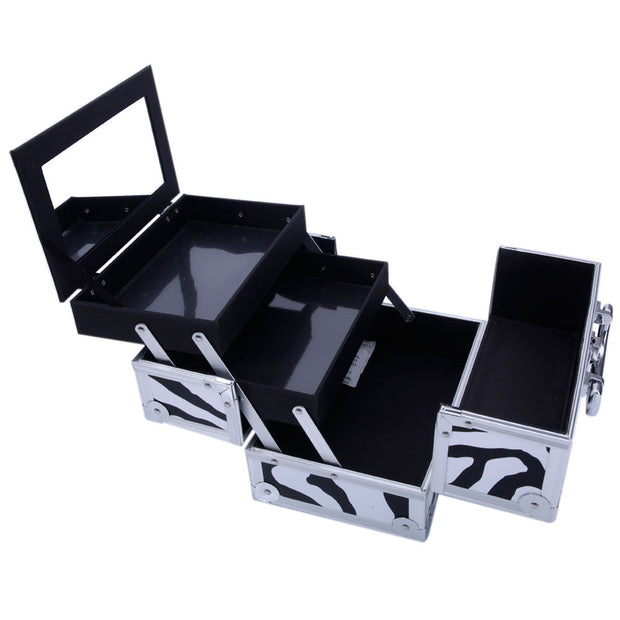 Aluminum Makeup Train Case Jewelry Box Cosmetic Organizer with Mirror, White Zebra