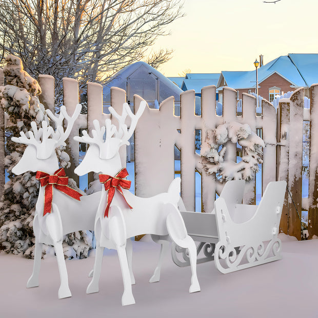 Christmas Decor, 2 Deer Pulls 1 Sled PVC Garden Elk Decoration White - Seasonal Spectra