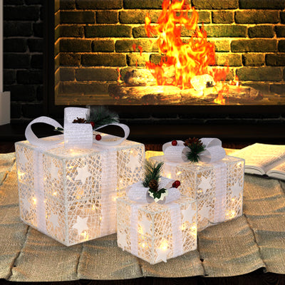 Christmas Gift Box Three-Piece Set Cotton Thread Powder Warm White 60LED Light - Seasonal Spectra