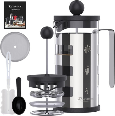 French Press Cafetiere 2 Cups, Stainless Steel Body Shell Coffee Maker, Silver, 350 ml/2 cups - Seasonal Spectra