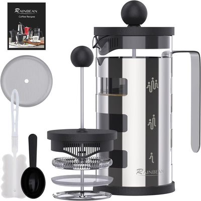 French Press Cafetiere 4 Cups, Stainless Steel Body Shell Coffee Maker, Silver, 600 ml/4 cups - Seasonal Spectra