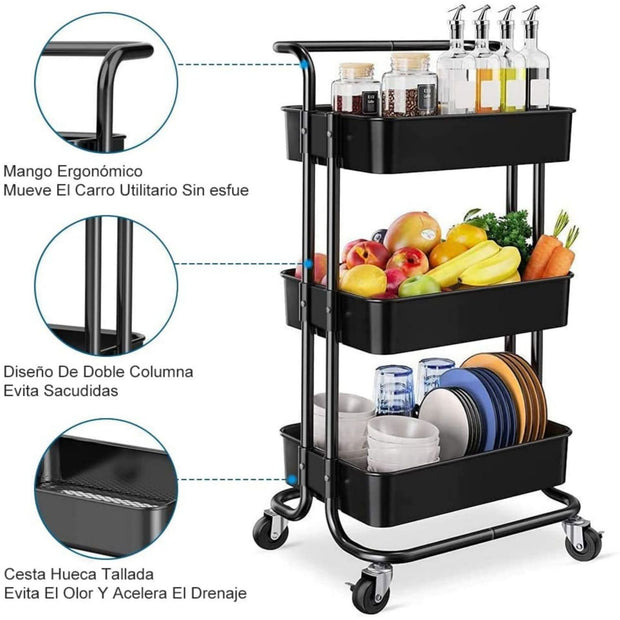 Three-Layer Mesh Utility Rolling Cart with Handle and Lockable Wheels - Seasonal Spectra