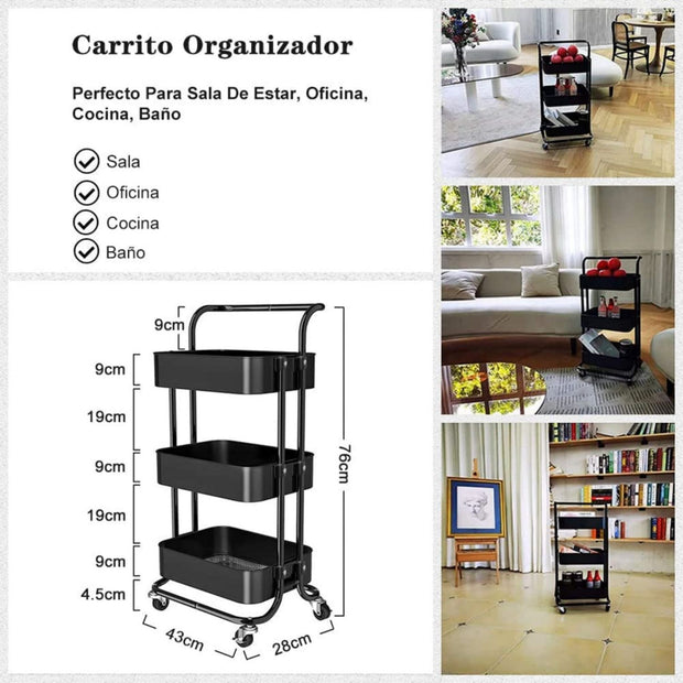 Three-Layer Mesh Utility Rolling Cart with Handle and Lockable Wheels - Seasonal Spectra