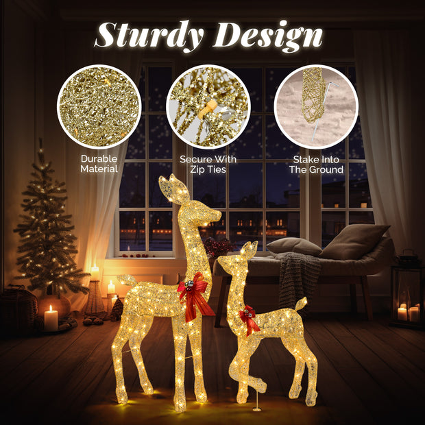 2-Piece Lighted Christmas Deer Family, Outdoor Yard Decoration Set with 210 LEDs Warm White Light, Gold - Seasonal Spectra