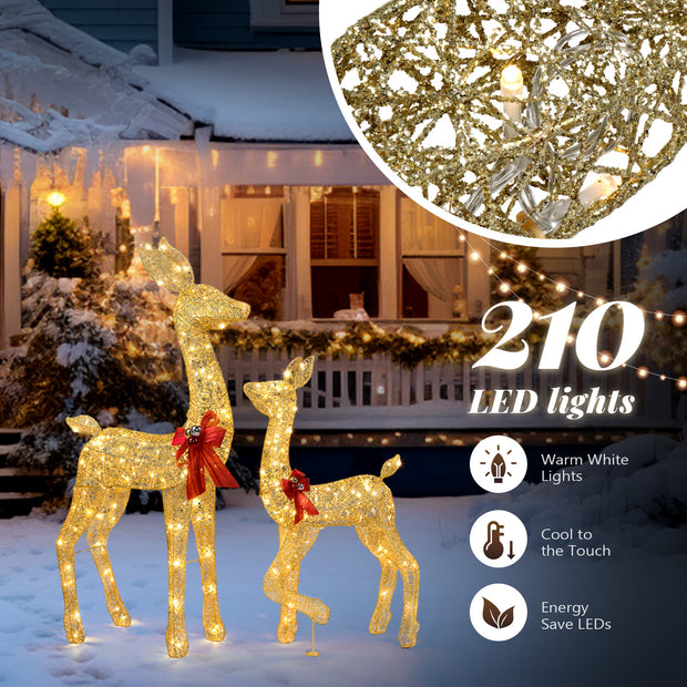 2-Piece Lighted Christmas Deer Family, Outdoor Yard Decoration Set with 210 LEDs Warm White Light, Gold - Seasonal Spectra