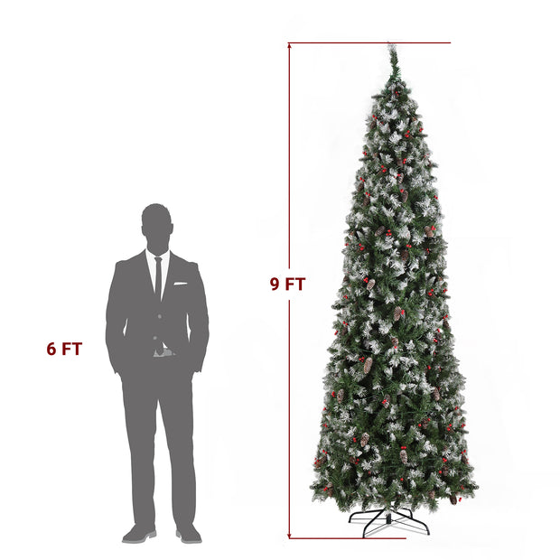 9ft Automatic Tree Structure Pointed Pencil Shape PVC Material Green Sticky White 460 Lights Warm Color 8 Modes 1298 Branches 91 Pine Cones 91 Berries Christmas Tree - Seasonal Spectra