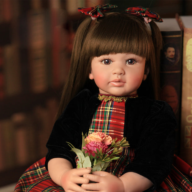 24" Beautiful Simulation Baby Long-Haired Girl Wearing a Christmas Plaid Skirt Doll - Seasonal Spectra